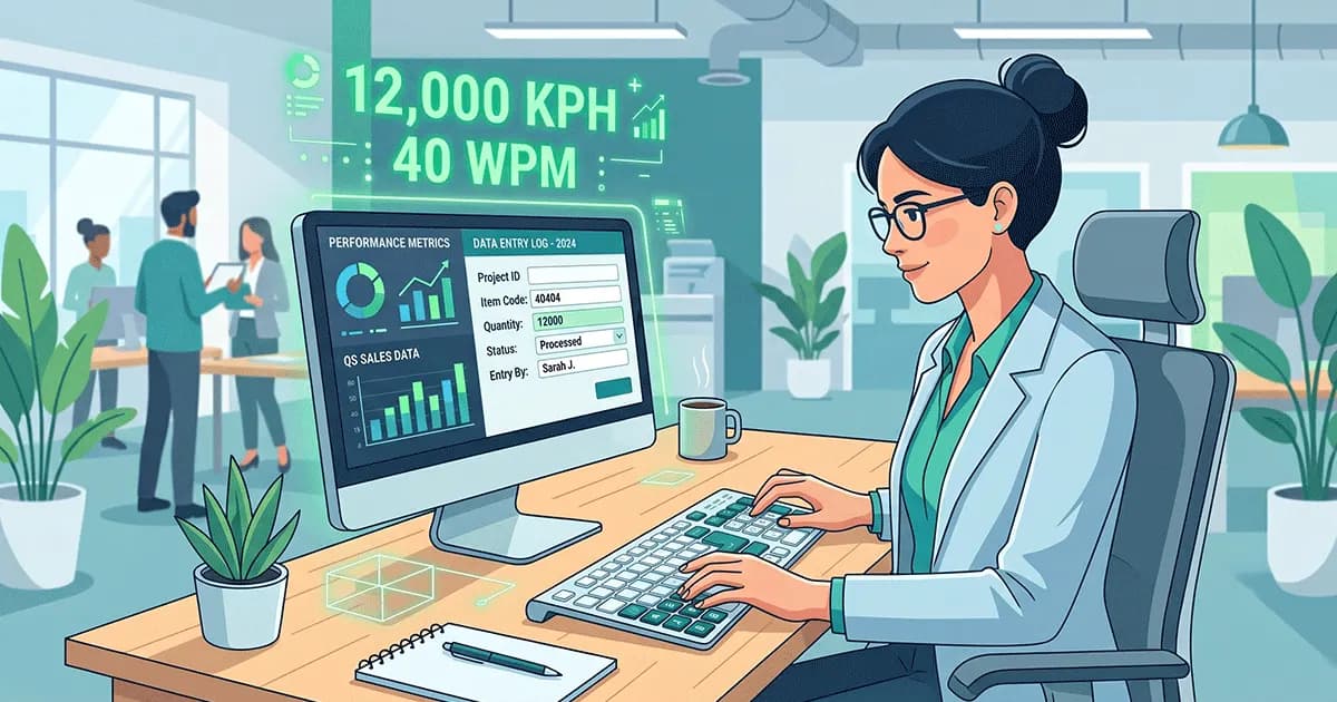 Illustration of a professional typing on a 10-key numeric keypad showing KPH and WPM data entry requirements