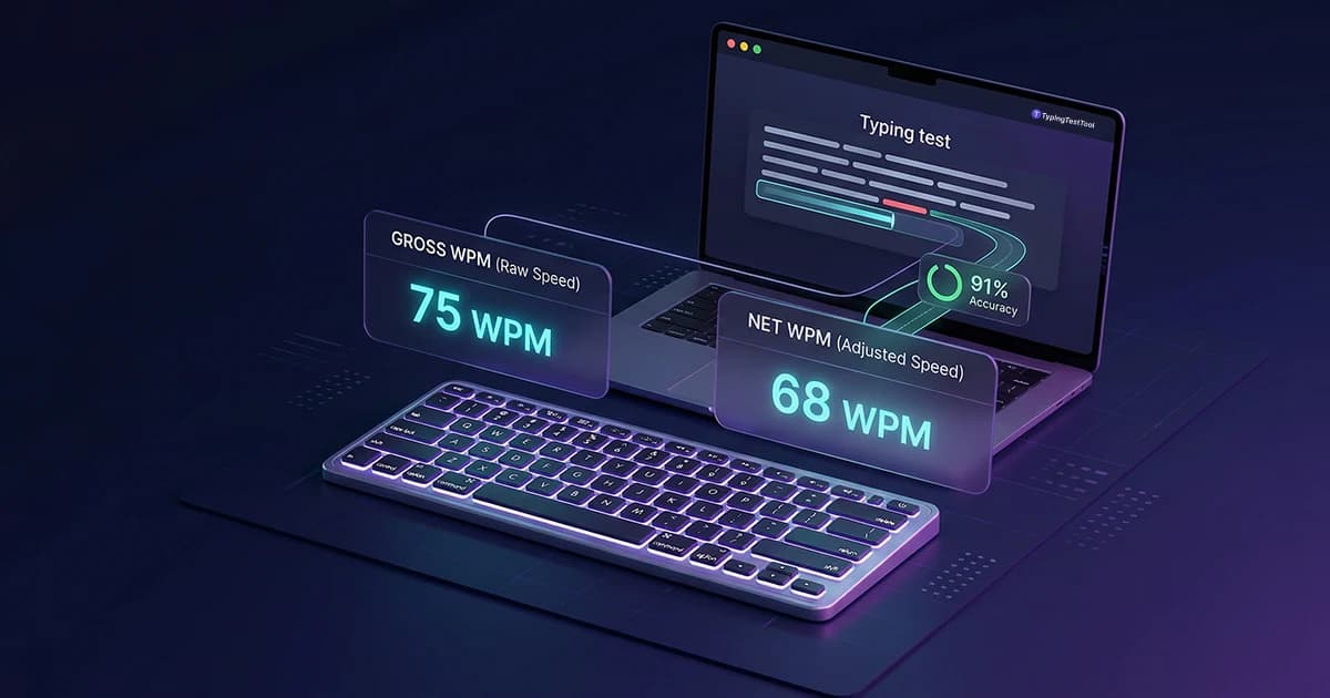 Net WPM vs Gross WPM: typing test result showing Gross WPM 75 raw speed and Net WPM 68 adjusted speed at 91 percent accuracy, displayed on a laptop with a backlit mechanical keyboard