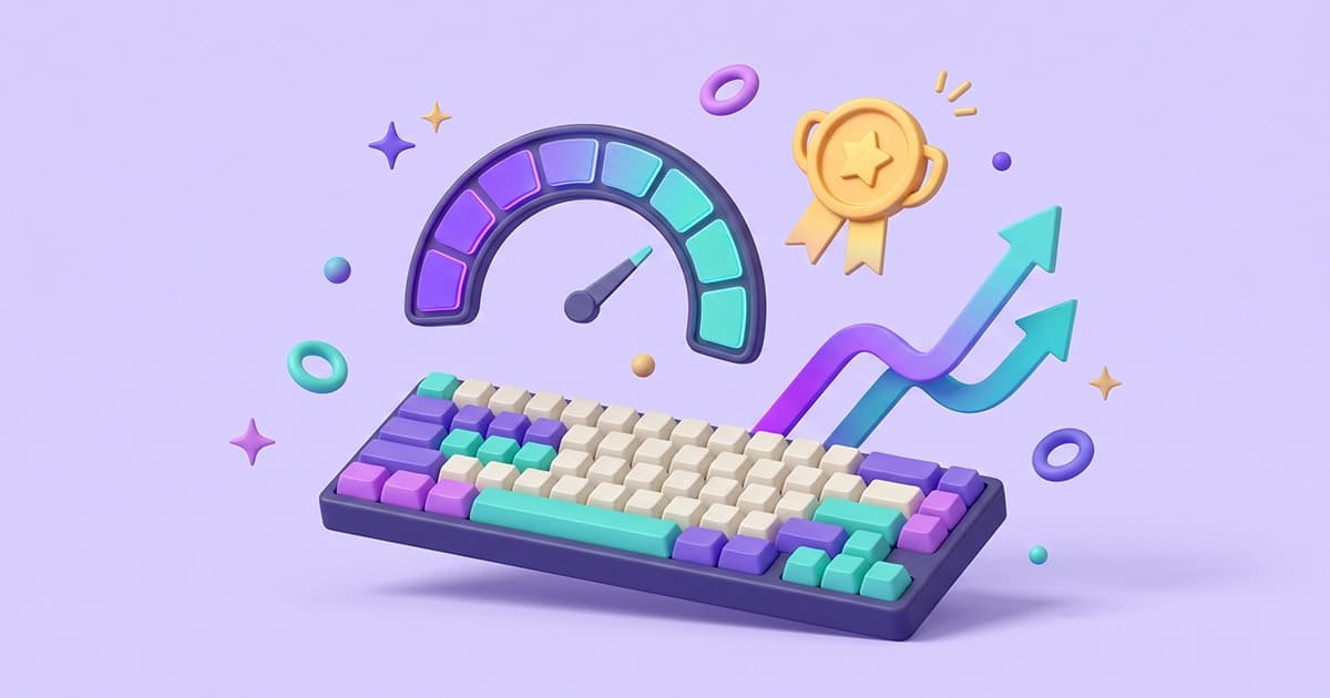 3D illustration of typing speed benchmarks showing a performance speed gauge, achievement medal, and keyboard with purple accents