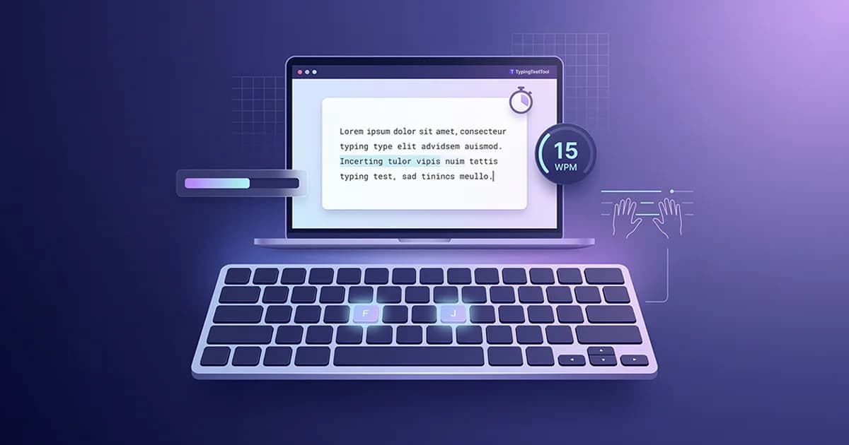 Typing test for beginners guide: hands resting on keyboard home row position with laptop screen showing a WPM typing score