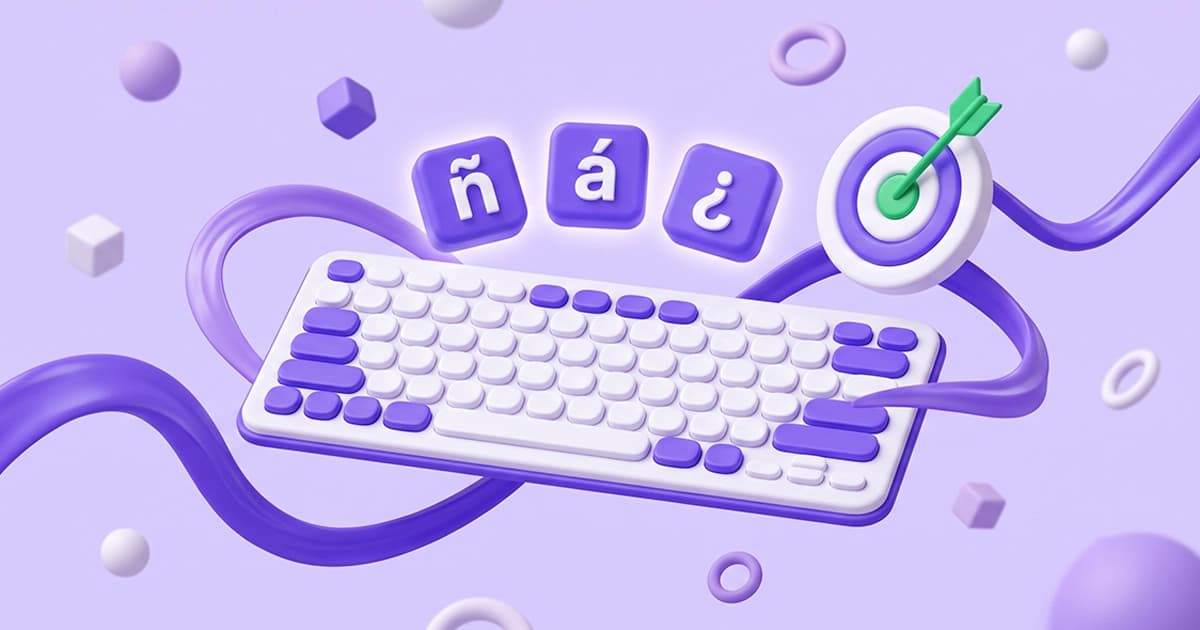 3D illustration of a free Spanish typing speed test online, featuring a dark keyboard, stopwatch, and floating Spanish special characters like ñ and ¿ for WPM practice.