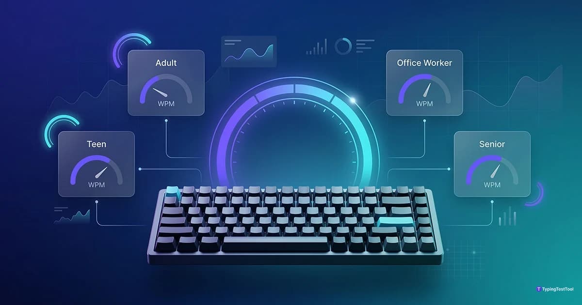 Futuristic infographic showing average typing speed (WPM) benchmarks by age group and profession, featuring speed gauges for teens, adults, office workers, and seniors above a mechanical keyboard.