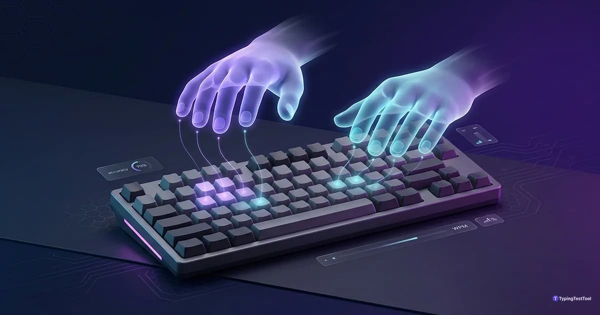 Touch typing finger placement diagram: color-coded QWERTY keyboard with F and J anchor keys highlighted and finger zone assignments