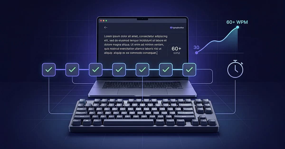 Typing practice weekly planner showing five session types with a stopwatch and mechanical keyboard