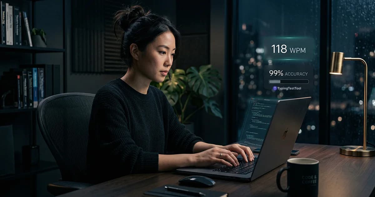 A professional woman demonstrating how to type without looking at the keyboard, achieving 118 WPM and 99% accuracy.