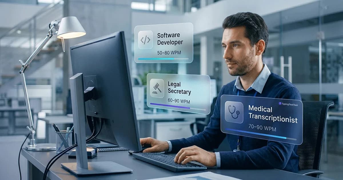 Infographic detailing typing speed requirements by profession, including the exact WPM needed for data entry, medical transcription, legal secretary, and customer service jobs