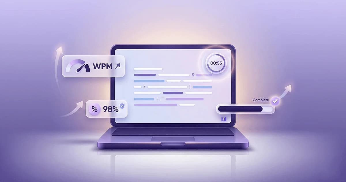 Modern illustration of a laptop showing typing test results with WPM, accuracy percentage, and timer indicators