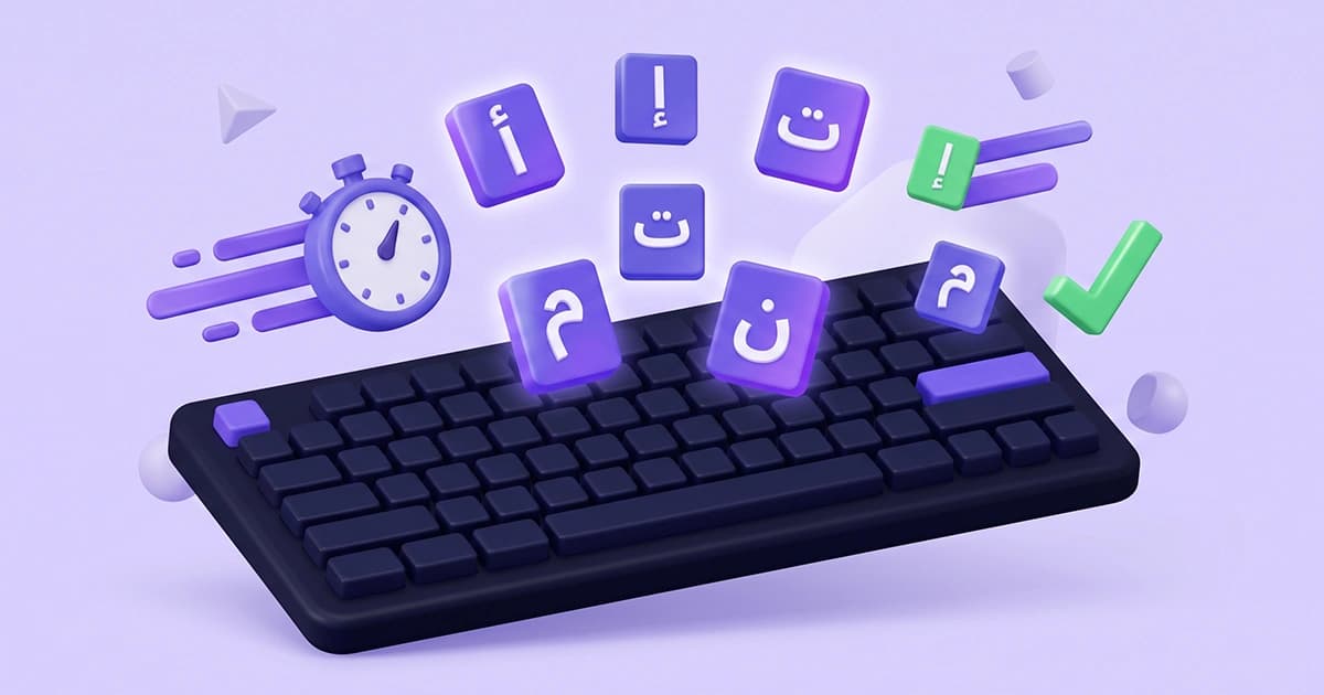 3D illustration of an online Arabic typing test (اختبار سرعة الطباعة), featuring a dark Arabic keyboard layout, a stopwatch, and floating blocks displaying Arabic characters like the Hamza (أ, إ) and home row keys (ت, ن) for touch typing (طباعة باللمس) practice.