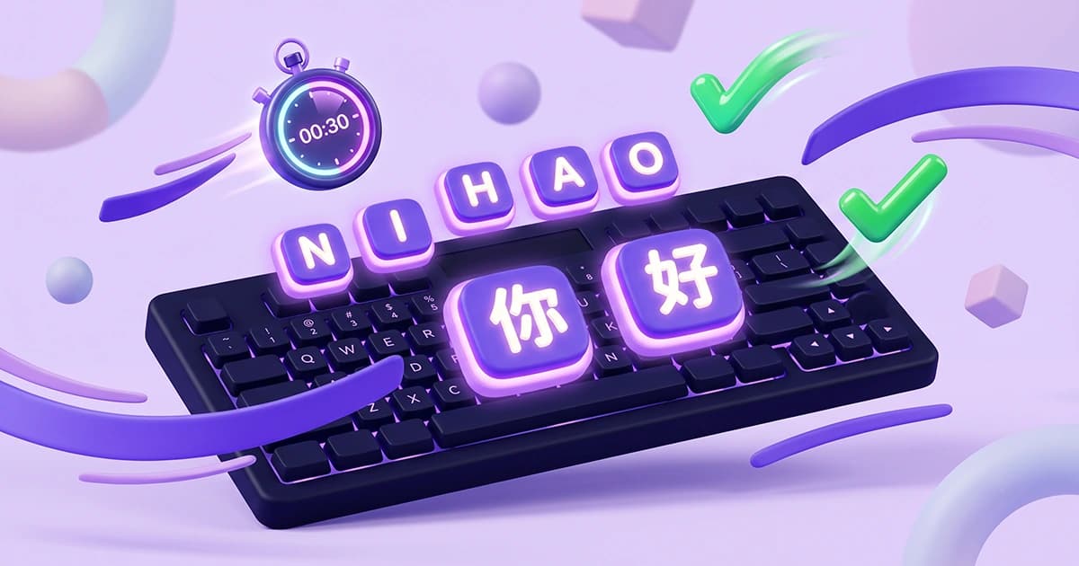 3D illustration of an online Chinese typing test (中文打字测试), featuring a dark QWERTY keyboard layout, a stopwatch, and floating purple blocks displaying the Pinyin letters N I H A O alongside the Chinese characters 你 and 好 for input method (拼音打字) practice.