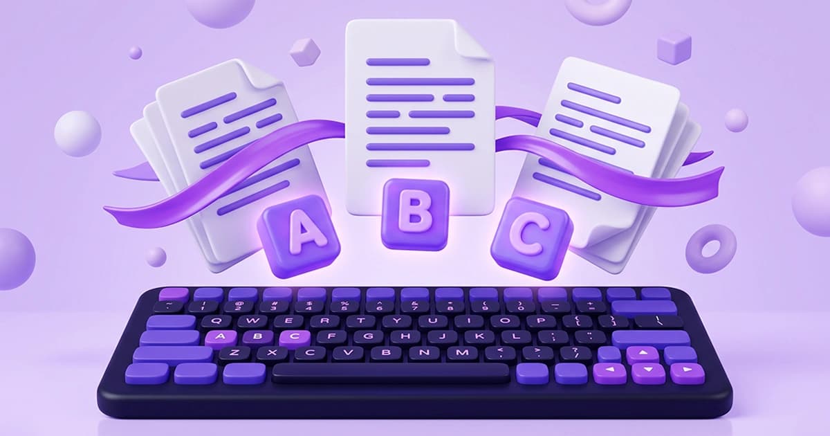 A vibrant 3D illustration of a dark purple keyboard with floating ABC blocks and documents wrapped in ribbons, perfectly capturing the essence of an English paragraph typing test designed to improve typing rhythm and endurance.