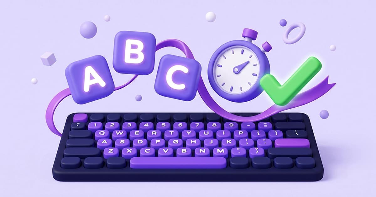 3D illustration of a computer keyboard and stopwatch representing a free English typing speed test to check WPM and accuracy.