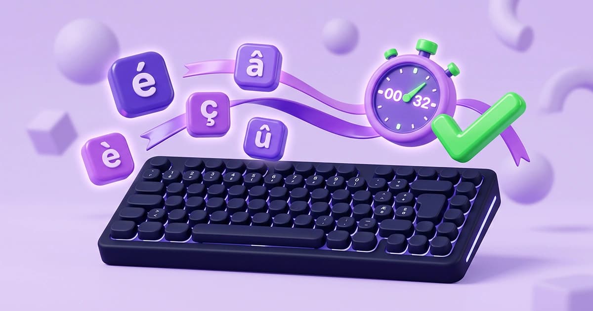 3D illustration of a free French typing speed test online, featuring a dark keyboard, stopwatch, and floating French accent marks like é and ç for WPM practice.