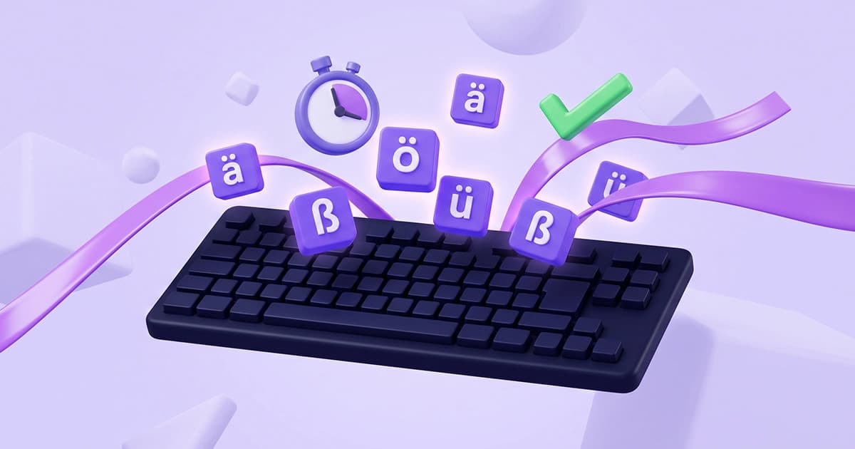 3D illustration of a free German typing speed test online (Tipptest), featuring a dark keyboard, stopwatch, and floating German characters like ä, ö, ü, and ß for WPM practice and Schreibtrainer.