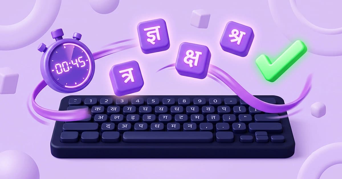 3D illustration of a free Hindi typing test online (Mangal & Kruti Dev layouts), featuring a dark keyboard, stopwatch, and floating Devanagari characters like ज्ञ, त्र, and क्ष for SSC and CPCT WPM practice.