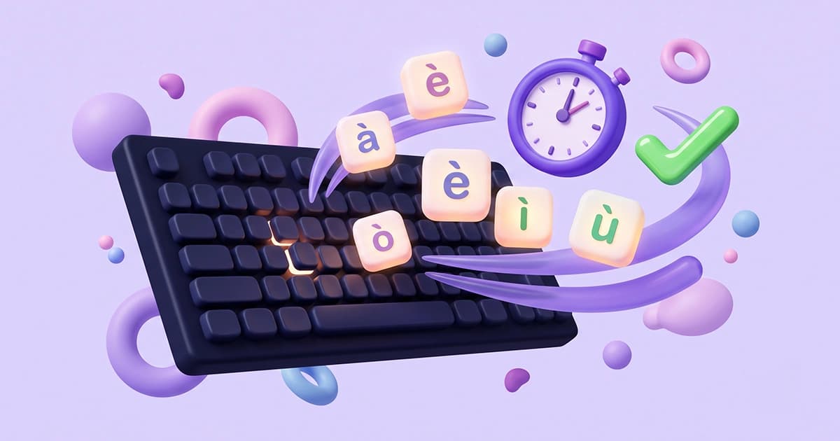 3D illustration of an online Italian typing test (test di battitura), featuring a sleek QWERTY keyboard with floating 3D blocks displaying the unique Italian accented vowels (à, è, ì, ò, ù) bursting from the right side of the layout.