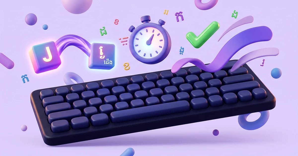 3D illustration of an online Khmer typing test (វាយអត្ថបទខ្មែរ), featuring a sleek NiDA keyboard layout and a glowing 'J' key block connecting to a Khmer subscript consonant block (ជើង) to illustrate Unicode clustering.