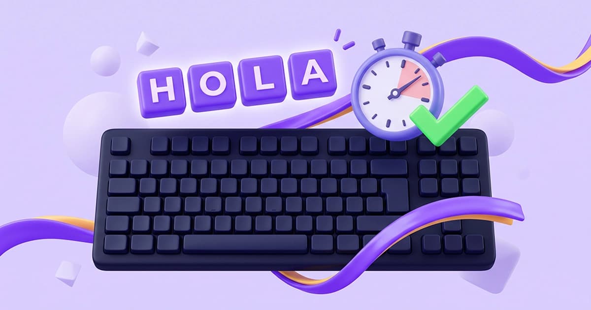 A 3D illustration for a Spanish typing test without accents, featuring a keyboard, floating 'HOLA' blocks, a timer, and a green checkmark to symbolize practicing your Spanish typing speed easily with no tildes.