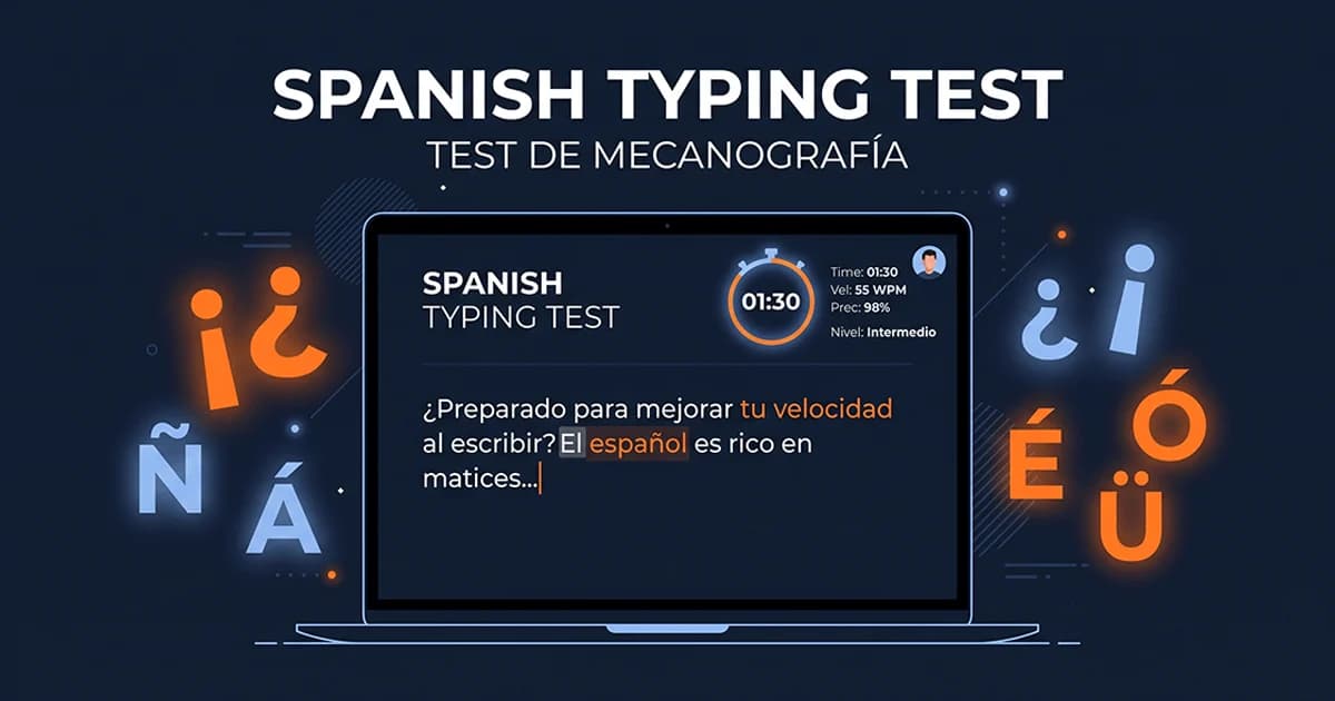 Free Spanish typing test (prueba de mecanografía) laptop interface showing live WPM tracking, surrounded by floating Spanish accent marks to practice a test de mecanografía in español.