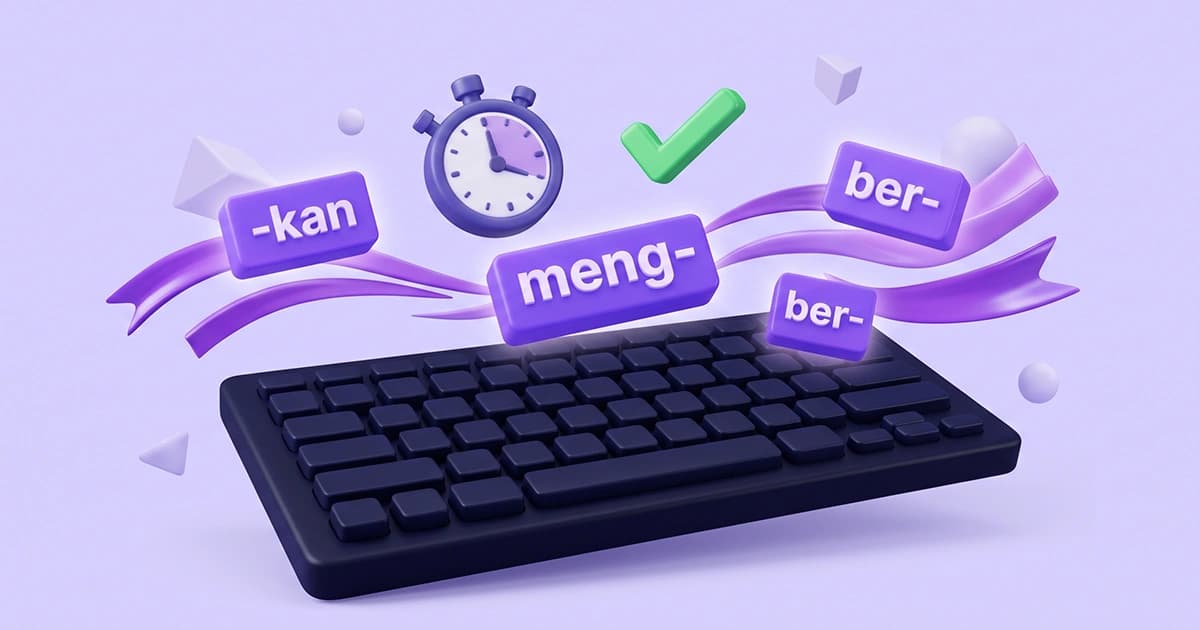 3D illustration of a free Indonesian typing speed test online (tes kecepatan mengetik), featuring a dark keyboard, stopwatch, and floating Bahasa Indonesia prefixes for WPM and mengetik 10 jari practice.