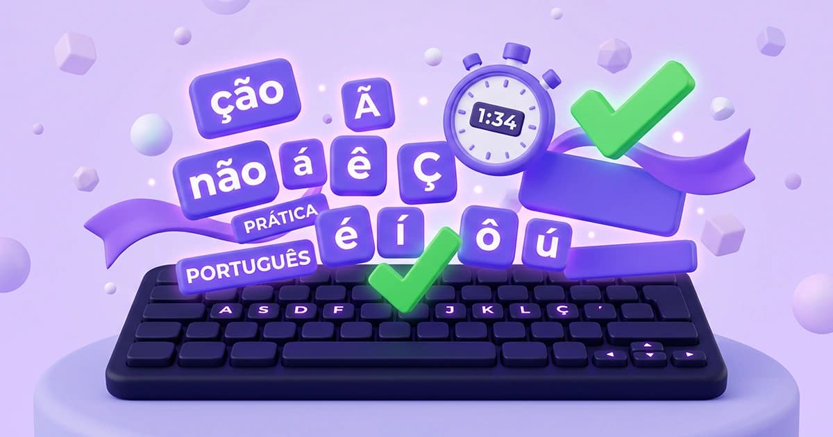 3D illustration of an online Portuguese typing test (teste de digitação), featuring a dark ABNT2 keyboard layout, a stopwatch, and floating blocks with Portuguese accents and syllables like ção and não.
