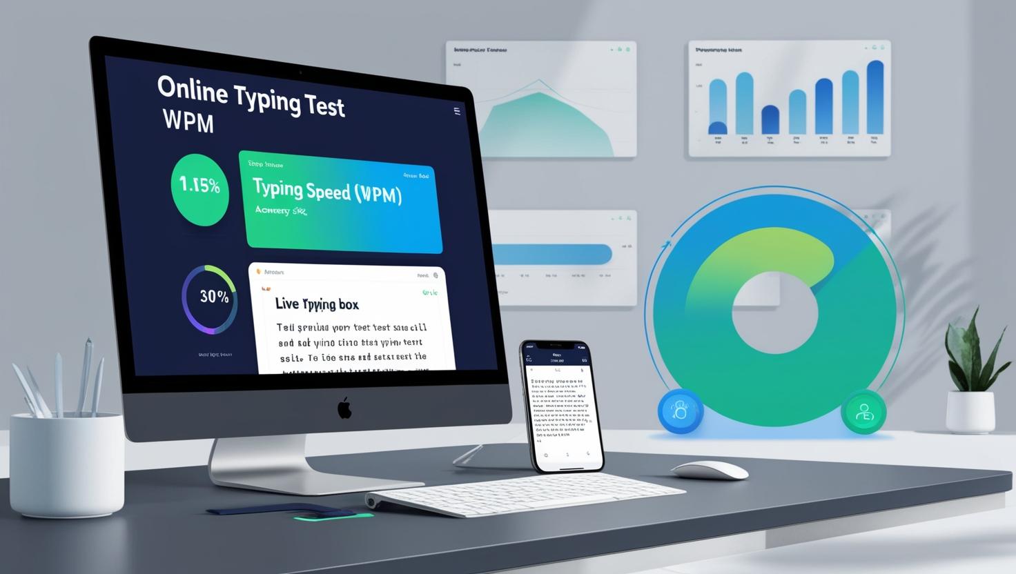 Online typing speed test interface showing real-time WPM tracking and accuracy measurement
